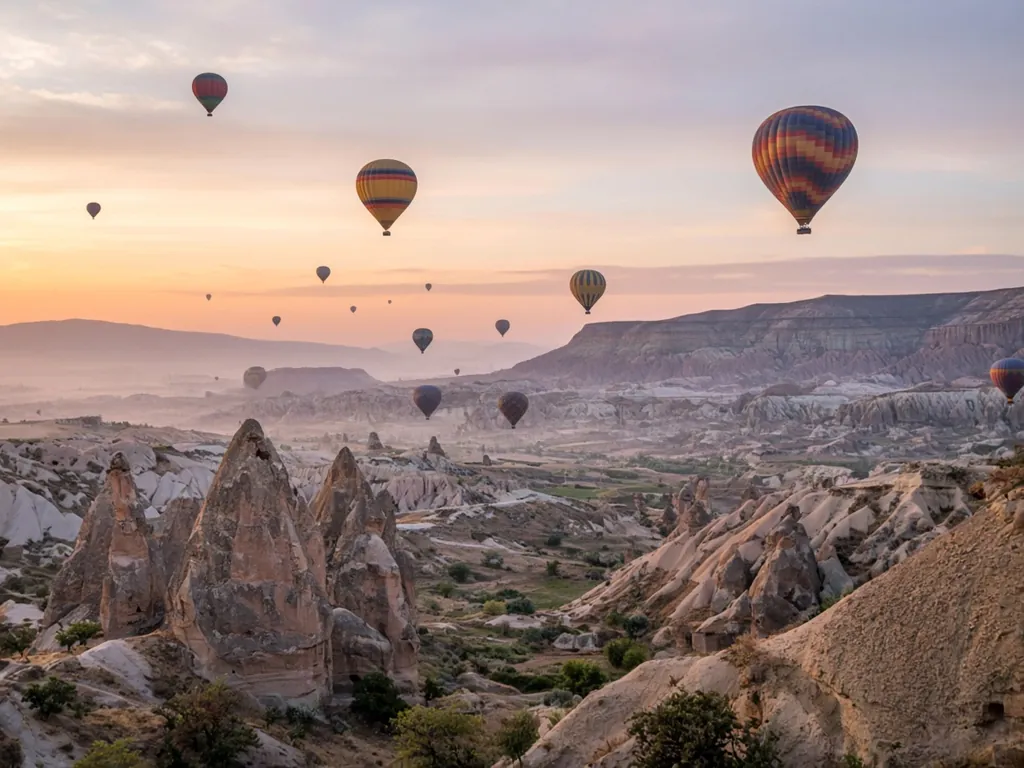 Gün doğumunda Göreme vadisi üzerinde süzülen sıcak hava balonları