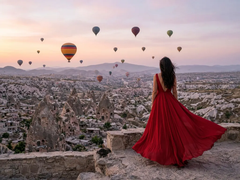Uzun elbiseyle balonlu vadi manzarasında fotoğraf çekimi