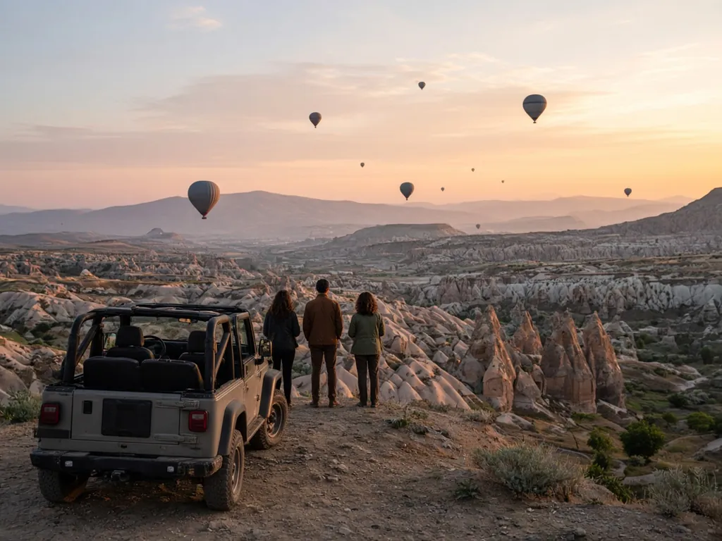 Balonları izlemek için tepede durmuş açık jeep
